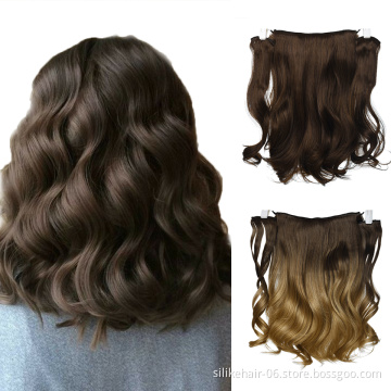 Wholesale 18Inch Black Brown Soft Long Wavy 9 Clips Piece Invisible Wire Three Hairpieces Fish Line Synthetic Hair Extensions